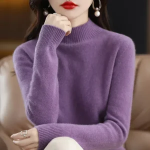 Maglione da donna autunno inverno moda coreana camicie con fondo caldo collo mezzo alto maglieria basic pullover a maniche lunghe solidi 1