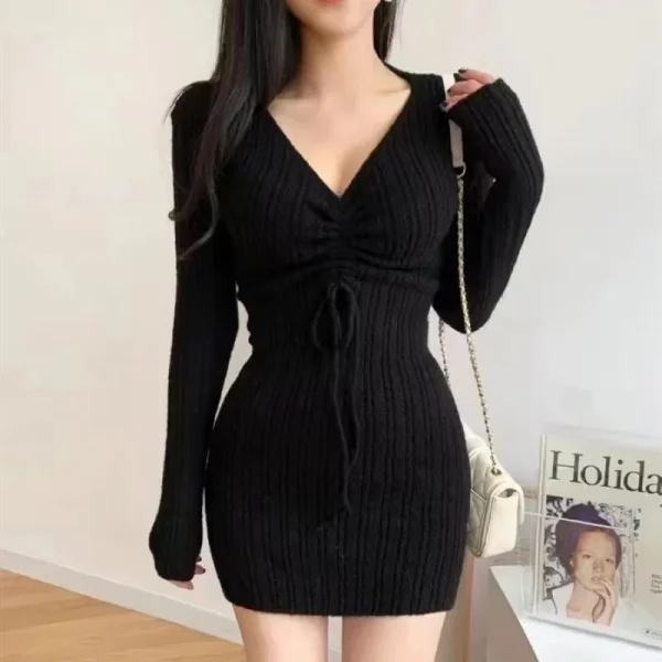 Mini abito lavorato a maglia tinta unita con coulisse e scollo a V primaverile Autunno Abiti da donna slim fit sexy Autunno Elegante maglieria 6