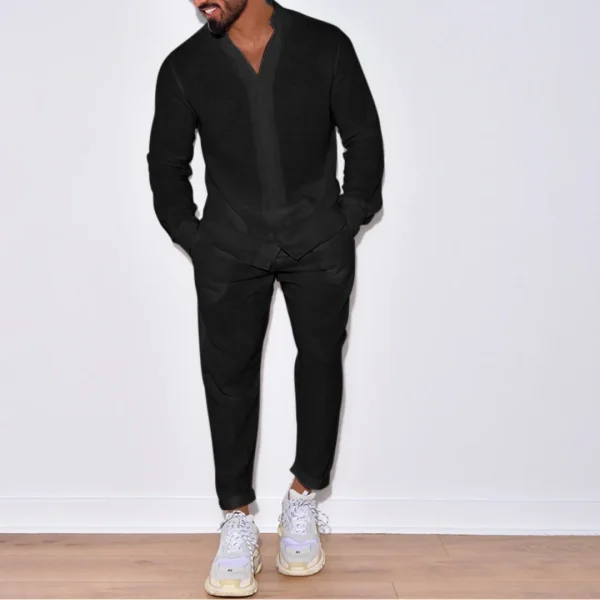Tuta da uomo a maniche lunghe con risvolto in cardigan di cotone tinta unita di nuova moda autunno da uomo 3