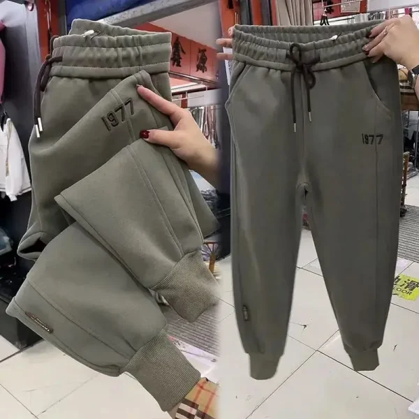 Pantaloni casual da donna con fodera in pile con coulisse, pantaloni sportivi stile harem ricamati 5