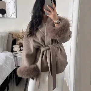 2025 Autunno Chic Risvolto Cappotto di Peluche Con Cintura Donna Vintage Manica In Pelliccia Sintetica Tweed Cappotti Aperti Femminile Inverno Casual Strada Outwear 1
