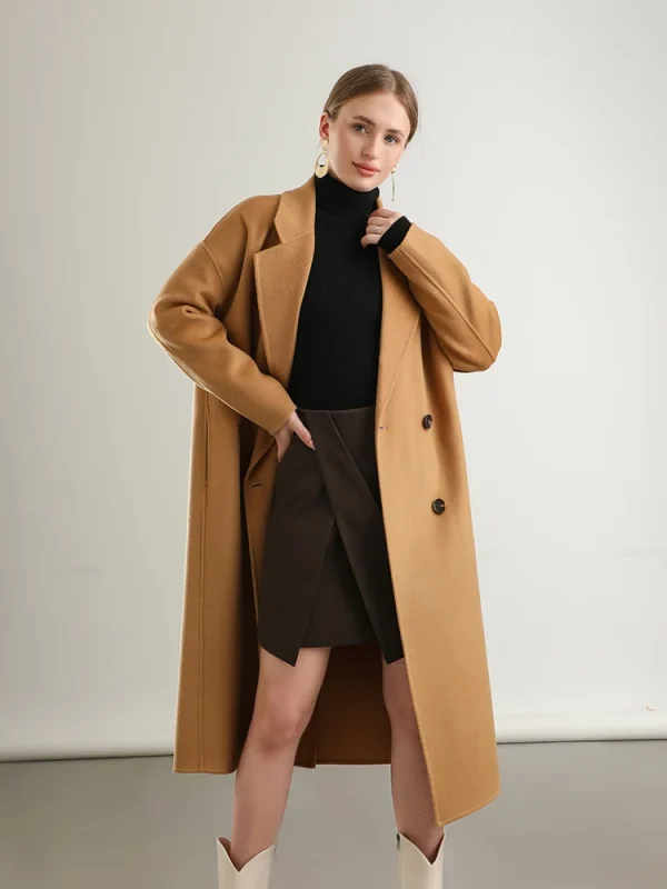 Cappotto da donna con risvolto allentato in lana 100% cappotto lungo doppiopetto tasca con colletto rovesciato doppio strato tacca stretta autunno inverno #03 5