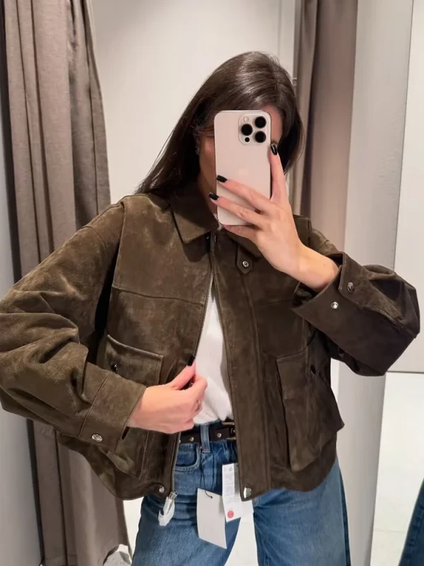 Giacca in pelle scamosciata da donna 2025 Nuove donne Moda manica lunga con cerniera Giacche in pelle scamosciata Donna Autunno Inverno High Street Cappotti corti 3