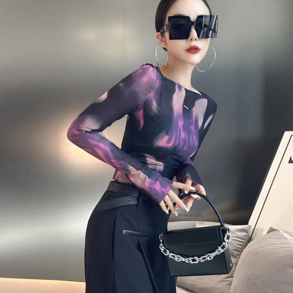Top per donna T-shirt donna T-shirt slim Viola Abbigliamento 2025 Mesh Tee Skinny Xxl anni '90 Vintage Pulovers One Piece Fine Elegante Vecchio 4