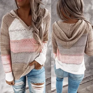 Maglione con cappuccio Patchwork da donna maglione lavorato a maglia a maniche lunghe Casual maglioni Pullover eleganti a righe autunno inverno Plus Size 1