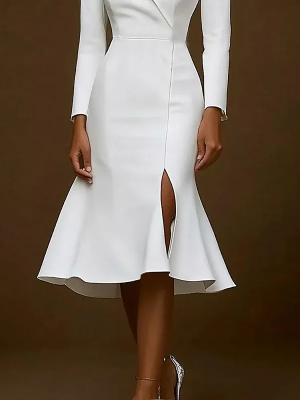 Yeezzi Office Lady Skinny Wrap Tinta unita Colletto dentellato Abiti longuette 2025 Nuovo autunno maniche lunghe Elegante abito da sera bianco 3