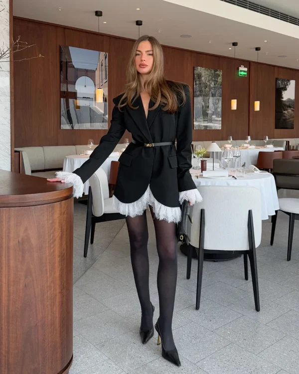 2025 Autunno Nuovo Patchwork di pizzo Blazer Cappotti Donna Elegante manica lunga Bottone singolo Capispalla neri Office Lady Suit Cappotti 3