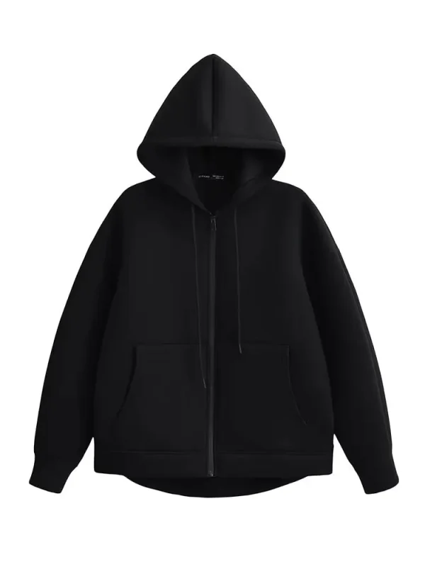 HH Autunno Donna Giacca grigia con cappuccio Manica lunga Tasca grande Giacca con cerniera Cappotto Donna Allentato Capispalla casual Cappotto Top 3