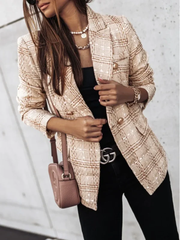 Donna New Vintage manica lunga doppio petto giacca scozzese cappotto tasche con patta bottoni casual giacca autunnale capispalla femminile 6