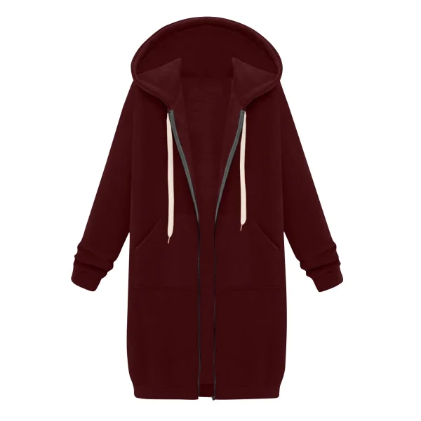 2024 delle nuove donne zip up felpe con cappuccio in pile oversize tunica lunga felpe casual manica lunga autunno con cappuccio tasche cappotto solido 3