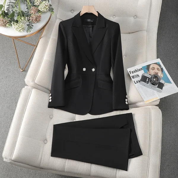 NAVIU Set da 2 pezzi per donna Elegante blazer doppiopetto e pantaloni dritti a vita alta Completo da donna da ufficio in stile coreano 3
