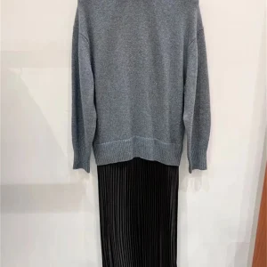 Falso abito longuette casual in due pezzi Girocollo da donna Manica lunga Patchwork lavorato a maglia Abito a pieghe 2025 Autunno Nuovo 1