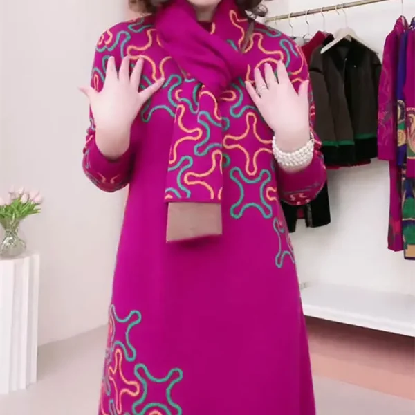 Abito longuette stampato allentato casual Abbigliamento femminile Girocollo Autunno Inverno Sciarpa elegante A-Line Vita Pendolarismo Abiti a maniche lunghe 2