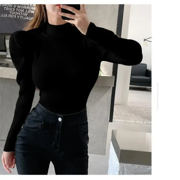 Autunno Inverno Maniche a palloncino Tinta unita Abbigliamento donna Camicia che tocca il fondo Collo semi alto Nuovo stile Elegante Slim Fit Y2K Maglioni 4