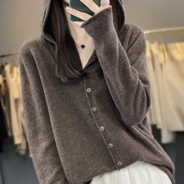 Cardigan lavorato a maglia in lana merino 100% prima linea Felpa con cappuccio autunno e inverno da donna Maglione allentato Cappotto versatile alla moda Top YC014 4