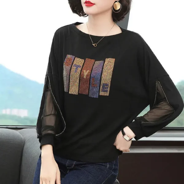 Moda diamanti manica a pipistrello Casual top abbigliamento donna primavera autunno coreano garza impiombata pullover t-shirt tinta unita 4