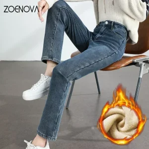 ZOENOVA Jeans caldi in pile invernale da donna Pantaloni in denim caldo ispessito in cotone elastico dritto sottile retrò Abbigliamento femminile di moda 1