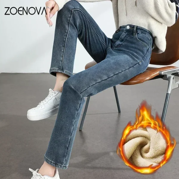ZOENOVA Jeans caldi in pile invernale da donna Pantaloni in denim caldo ispessito in cotone elastico dritto sottile retrò Abbigliamento femminile di moda 1