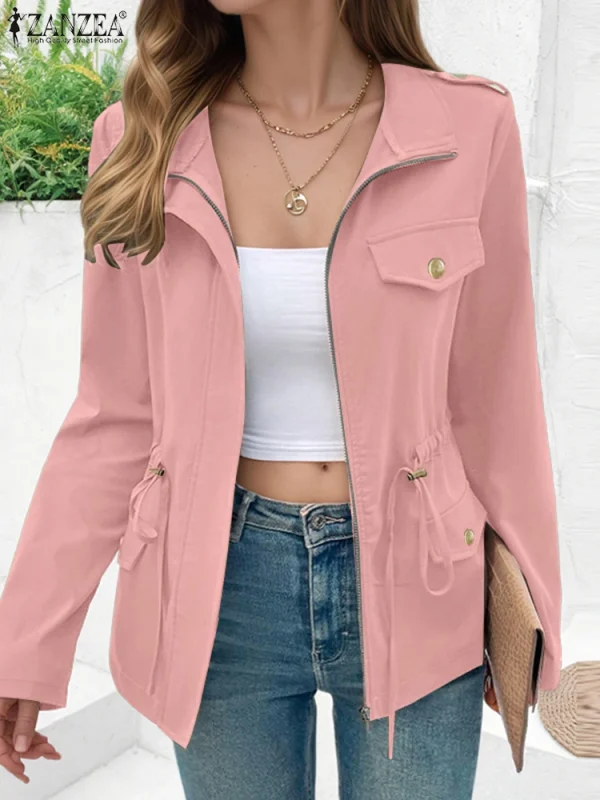 ZANZEA 2025 Autunno Moda Giacche a maniche lunghe Donna Casual Coulisse in vita Zip-Up Capispalla Tinta unita Abbigliamento da lavoro Cappotti cargo 1