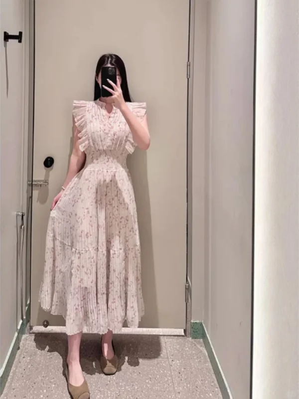 Kuzuwata Nuovo Dolce O Collo Abito con maniche volanti Increspature Chiffon Stampa Patchwork Abito a pieghe Giappone Elegante Letterario Casual Vestido 3