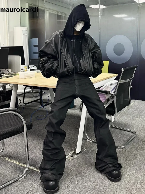 Mauroicardi Autunno Inverno Oversize Fresco Nero Addensato Caldo Pu Pelle Bomber Giacca da Uomo Cappuccio di Lusso Designer Falso 2 Vestiti 2