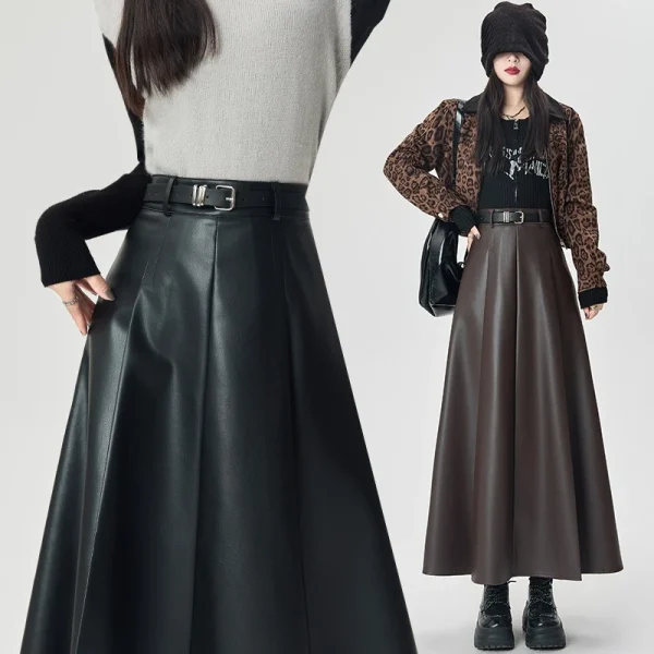 Gonna lunga ombrello da donna in pelle PU nera a vita alta autunno inverno con cintura 2025 nuove gonne a trapezio dritte vintage femminili 4