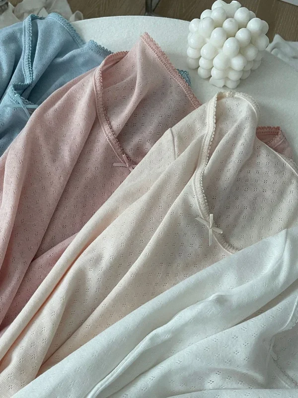 T-shirt a maniche lunghe sottile con occhielli con fiocco Donna Autunno Sexy Scoop Neck Orlo a fungo T-shirt sottile in cotone Solido semplice dolce Tee Y2k Top 2