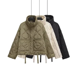 Giacca invernale da donna in cotone con cerniera e coulisse allentata con colletto rialzato in stile europeo e americano 1
