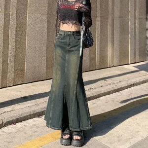 Biyaby Sirena Gonne di jeans Autunno Inverno Donna Fasciatura sexy Gonna lunga fino al pavimento Donna Moda vintage Gonne a vita alta Donna 1