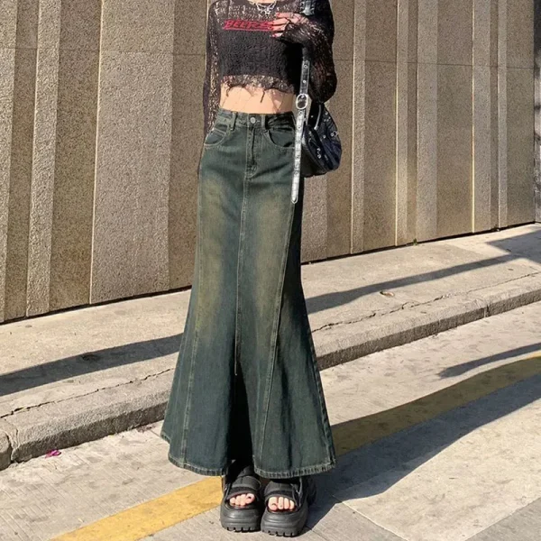 Biyaby Sirena Gonne di jeans Autunno Inverno Donna Fasciatura sexy Gonna lunga fino al pavimento Donna Moda vintage Gonne a vita alta Donna 1