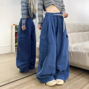 Pantaloni da lavoro in puro cotone blu intenso Pantaloni larghi larghi a gamba larga lunghi fino al pavimento Pantaloni casual primavera estate Moda alla moda 1