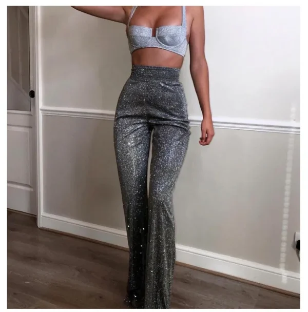 Pantaloni Sexy Glitter a vita alta autunno inverno Outfit donna argento scintillante Flare pantaloni con paillettes Party Night Clubwear 2024 1