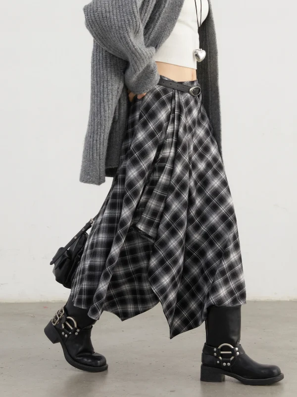 CHIC VEN Gonne da donna Una linea retrò allentata a vita alta colore irregolare plaid smerigliato metà corpo gonna lunga da donna inverno 2025 3