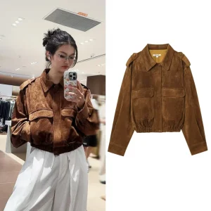 Giacca da donna 2025 Autunno Nuovo stile color cammello manica lunga stile vintage giacca da lavoro decorata con tasca in pelle scamosciata moda casual 1