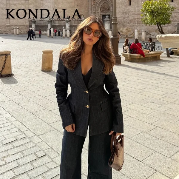 KONDALA 2025 Autunno Inverno Streetwear Denim Donna Blazer Moda Office Lady Solid monopetto Coprispalle Eleganti ragazze Giacche 3