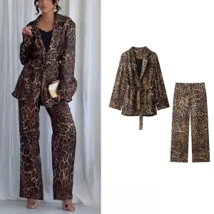 KONDALA Vintage Leopard Print Abiti da donna Scollo a V Telai Manica lunga Giacca oversize + Pantaloni a gamba larga Moda 2025 Abiti autunnali 1