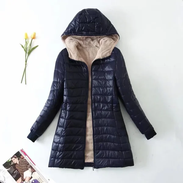 Nuova edizione coreana di media lunghezza con cappuccio giacche da donna autunno inverno cappotti di cotone da ufficio di media lunghezza caldo pile di agnello Parka jack 5
