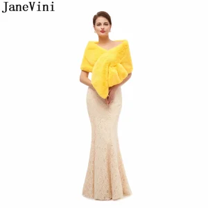 JaneVini 2020 stole in pelliccia sintetica gialla inverno caldo nero abito da sera da sera pelliccia finta scialle da sposa avvolge giacca Bolero mariage cape 1