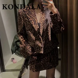 KONDALA Leopardo 2025 Autunno Stampa Animale Vintage Donna Abiti di Velluto Giacca Monopetto + Mini Gonna Tubino Moda Abiti Sexy 1