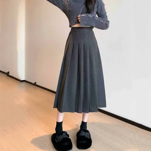 2025 nuove gonne a pieghe a vita alta per le donne autunno inverno addensare gonne di lana femminile stile college pieghe gonna lunga a-line 2