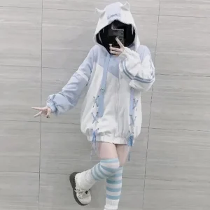 Ragazze Stitch Donna Abbigliamento Sottocultura Felpa con cappuccio giapponese Blu Bianco Autunno Donna Felpe Cerniera Inverno y2k Abbigliamento Felpe con cappuccio 1