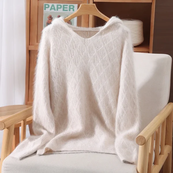 Autunno Inverno Donna 100% puro visone cashmere cappuccio scollo a V e pullover maglione casual allentato versatile maglione lavorato a maglia tinta unita 4
