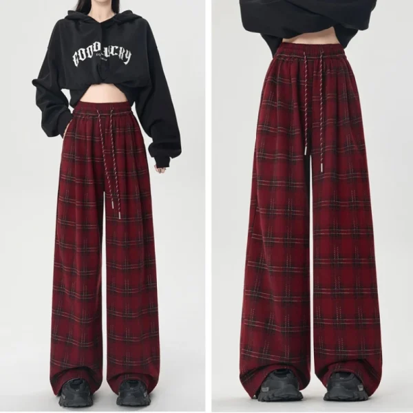 Pantaloni scozzesi di lana di alta qualità per le donne Autunno Inverno Pantaloni casual a gamba larga retrò Pantaloni streetwear in pile hip pop femminile 2025 5