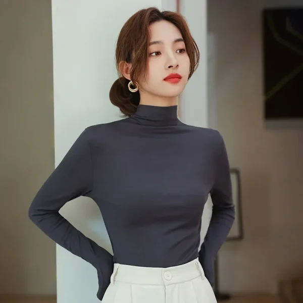 YSZWDBLX T-shirt da donna Autunno Inverno Manica lunga Mezza collo alto Camicia con fondo in modale morbido Ad alta resistenza Abbigliamento interno caldo coreano 3