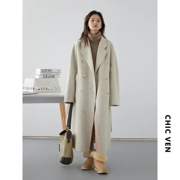 CHIC VEN Cappotti di lana lunghi double face da donna Cappotto femminile allentato retrò doppio petto Frangivento da donna Autunno Inverno 2025 6