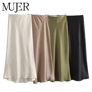 MUJER Donna 2025 Gonna in raso Donna Gonne lunghe a vita alta per le donne Estate Gonna longuette nera Donna Ufficio Gonne da donna eleganti 1