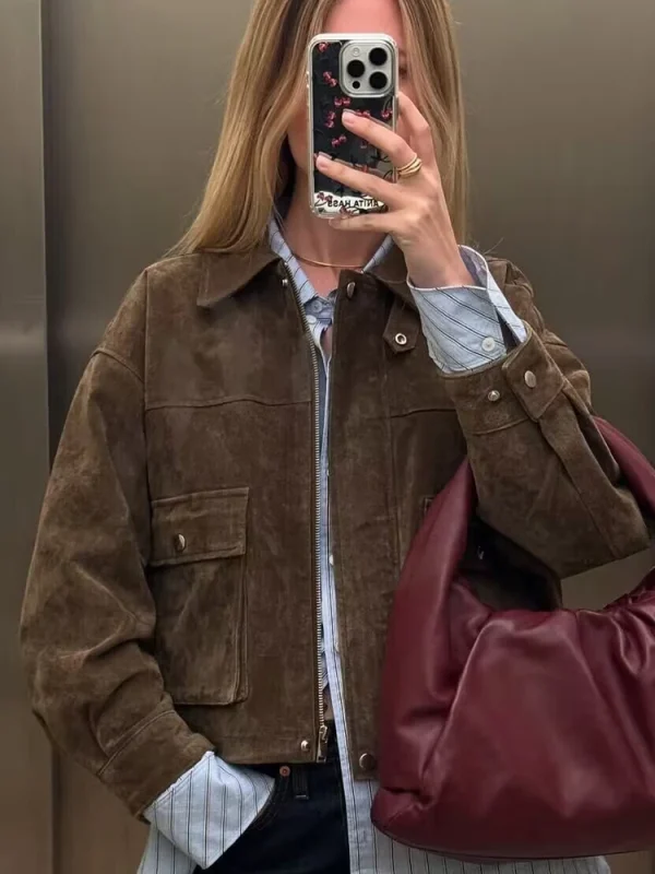 Giacca in pelle scamosciata da donna 2025 Nuove donne Moda manica lunga con cerniera Giacche in pelle scamosciata Donna Autunno Inverno High Street Cappotti corti 6