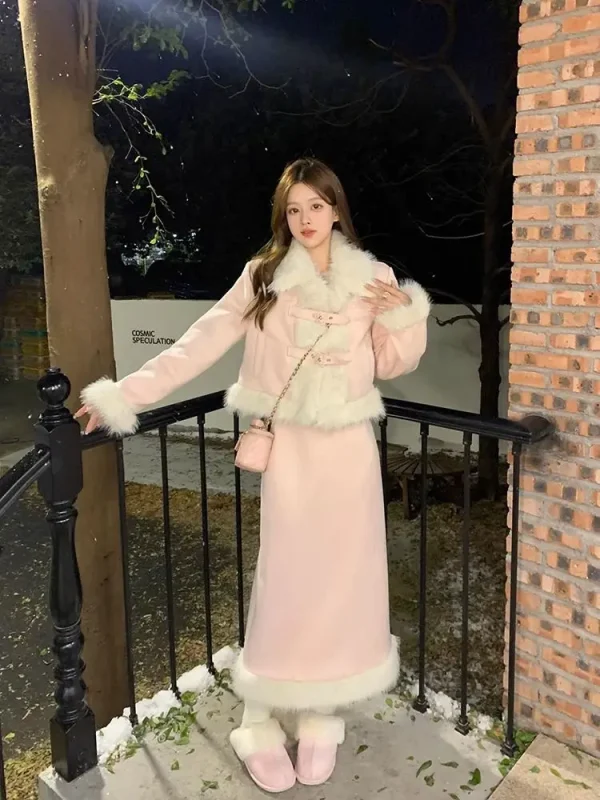 Lussuoso cappotto a maniche lunghe con pelliccia e gonna longuette Set per donna Office Lady 2023 Autunno/Inverno Moda di alta qualità 4