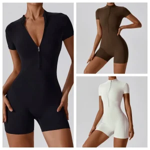 Tuta da yoga a maniche corte con cerniera da donna - Tutina fitness attillata traspirante ad asciugatura rapida per abbigliamento sportivo da corsa in palestra 1