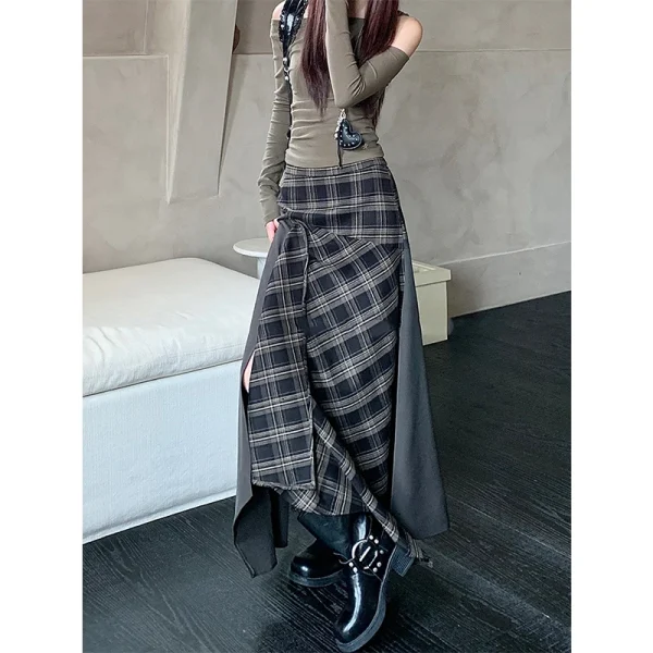 MEXZT Y2K Gonna longuette scozzese Donna Harajuku Vintage Asimmetrico Gonne divise Autunno Inverno Grunge Coreano Patchwork Design Faldas 5